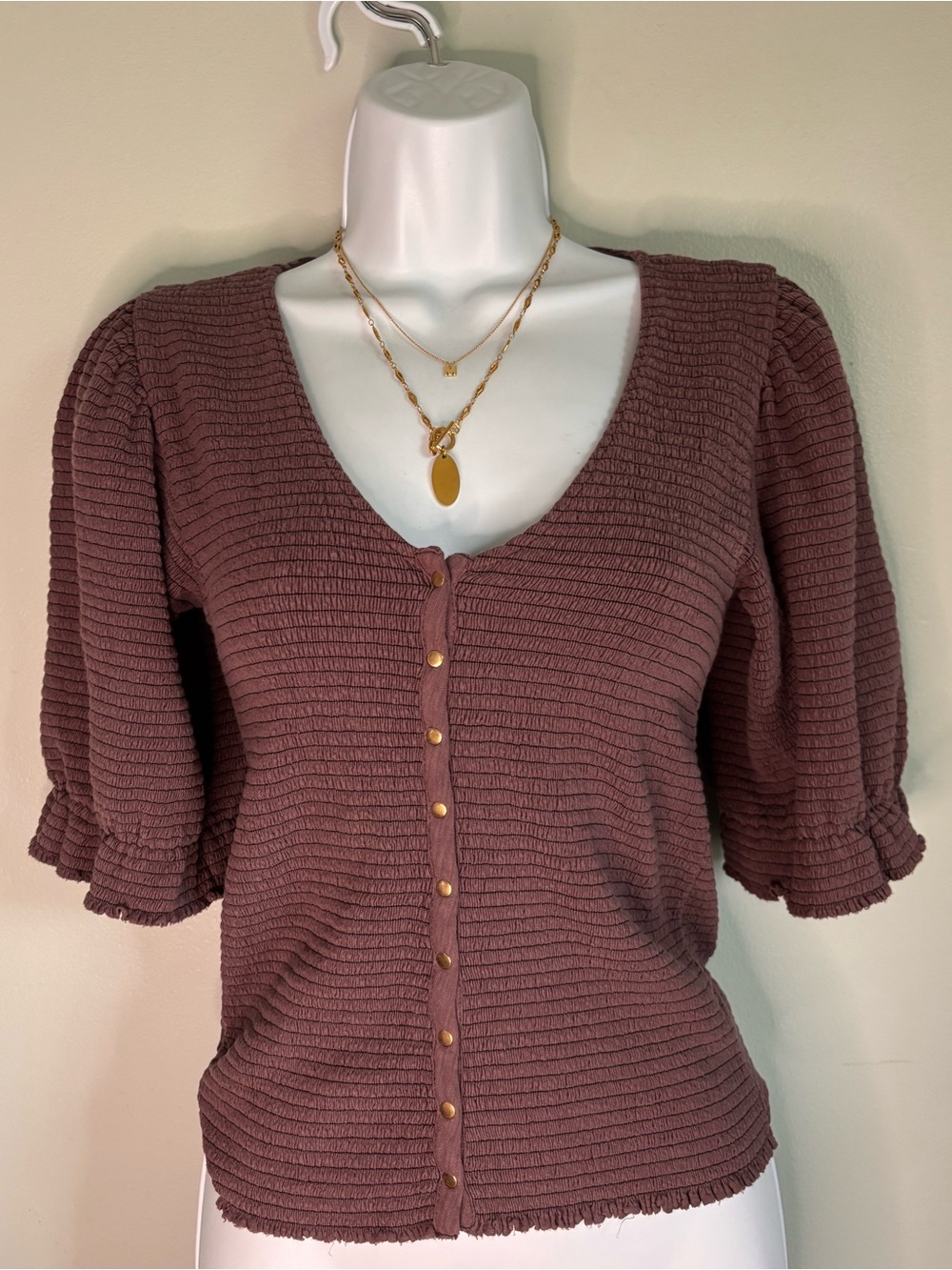Puff Sleeve Knit Henley Top Mauve SZ M Feminine Coquette